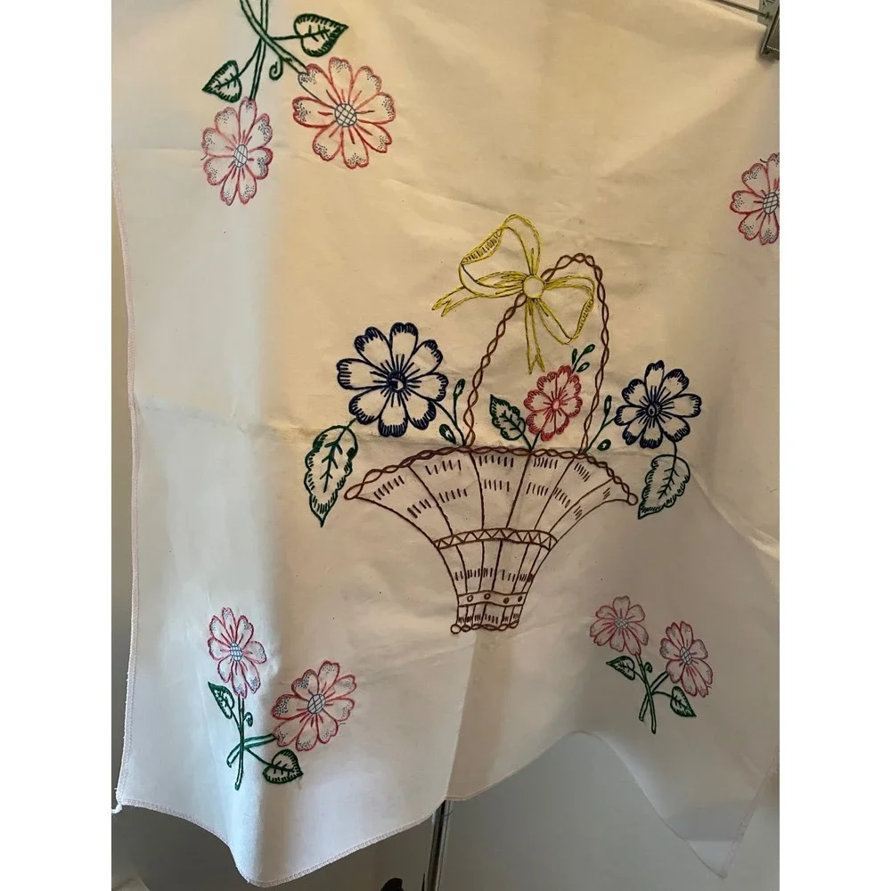 Vintage Square Hand Embroidered White‎ Cotton tablecloth Floral Basket Stains